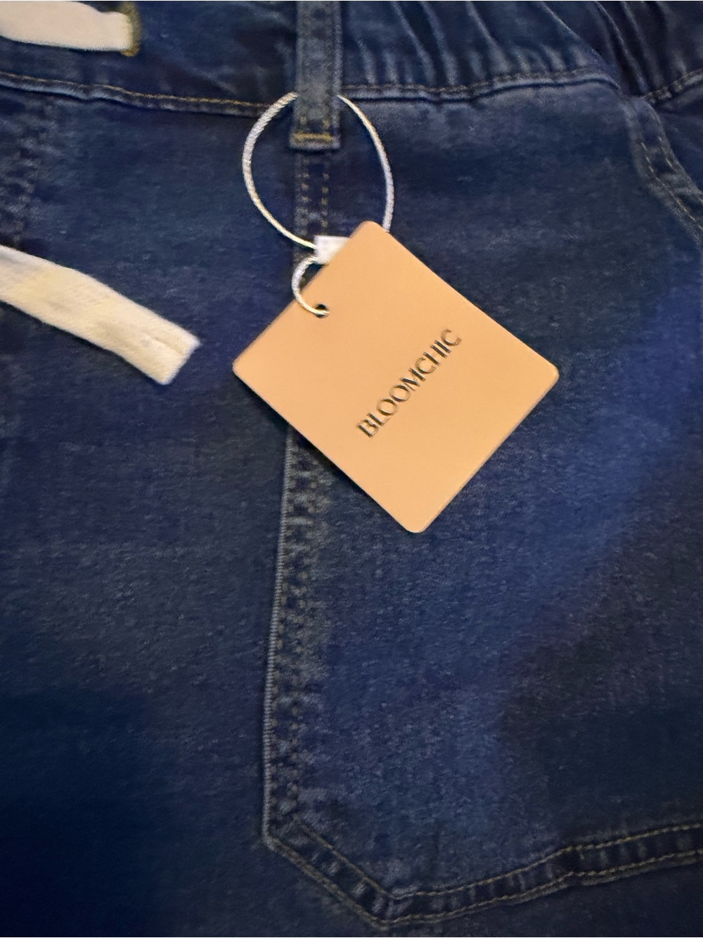 BloomChic Dark Blue Denim Drawstring Shorts - Picture 2 of 5
